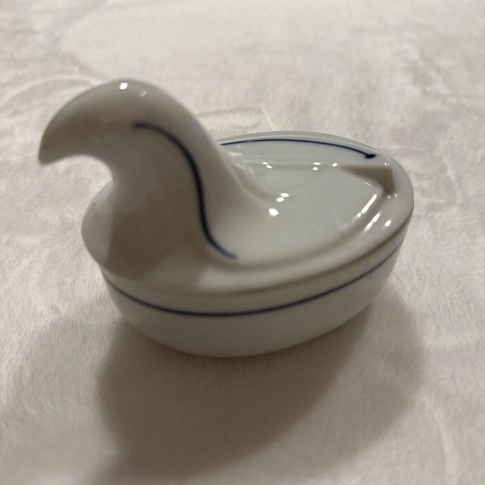 Vintage Dansk Flora Swan Trinket Box White Porcelain Blue Trim Japan
